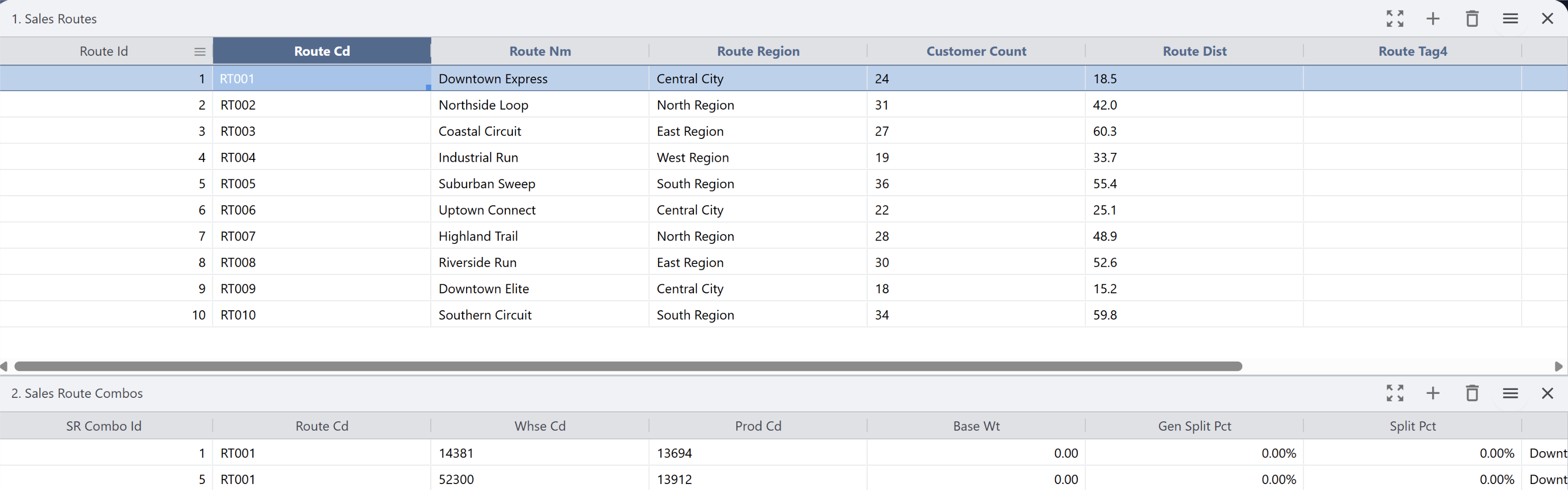 Sales Routes Editor interface showing data validation and configuration options